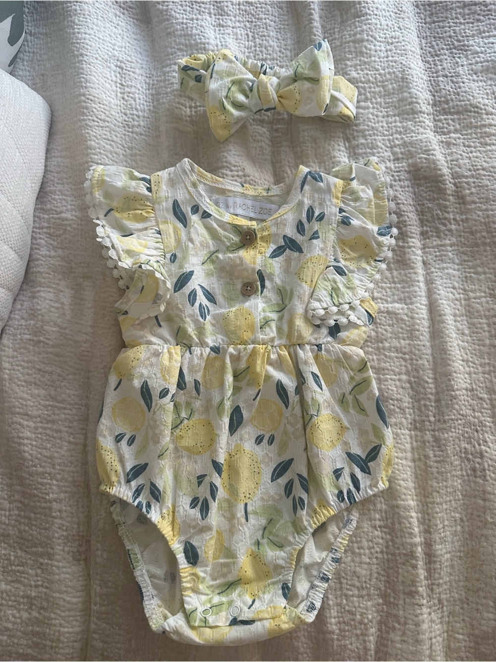 |Rachel Zoe| Yellow Lemon-Print Baby Romper with Bow Headband